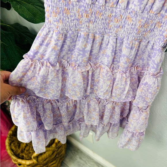 Express Printed Sleeveless Mock Neck Tiered
Ruffle Dress in lilac Purple Print - Picture 3 of 9